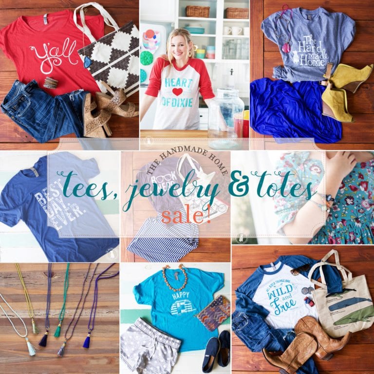 the handmade home tees, jewelry and totes sale!