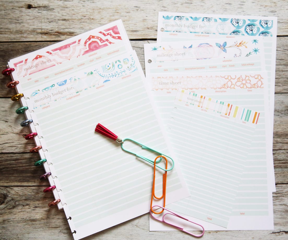 planner inserts mileage, budget and time sheets