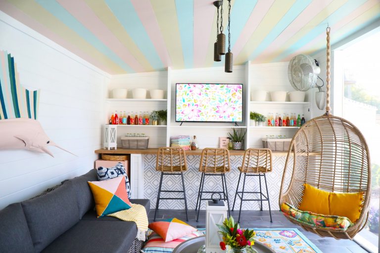 how to build a cabana: tile, bar shelving, screens, trim and stairs