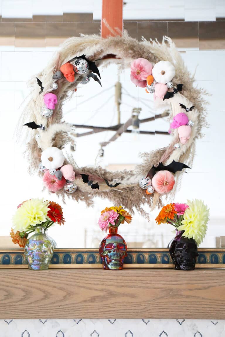 colorful halloween wreath and mantel
